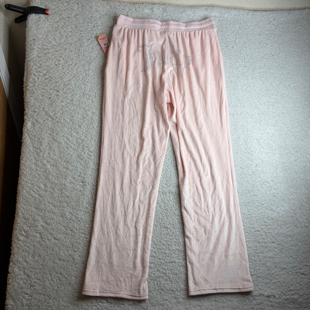 NEW Juicy Couture Rock Salt Pink Velour Rhinestone Logo Sleepwear Pants Large